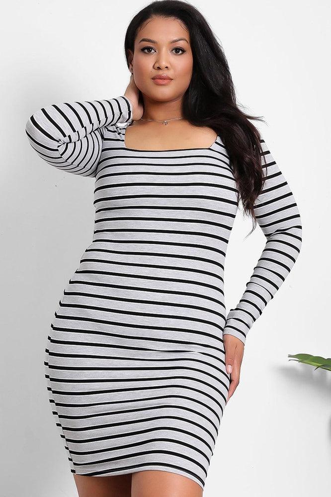 Grey Square Neckline Stripy Dress-SinglePrice