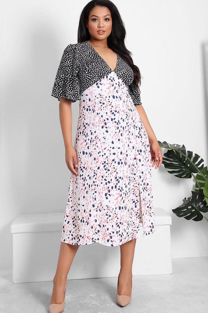 Contrast Panels Dotted Midi Dress-SinglePrice