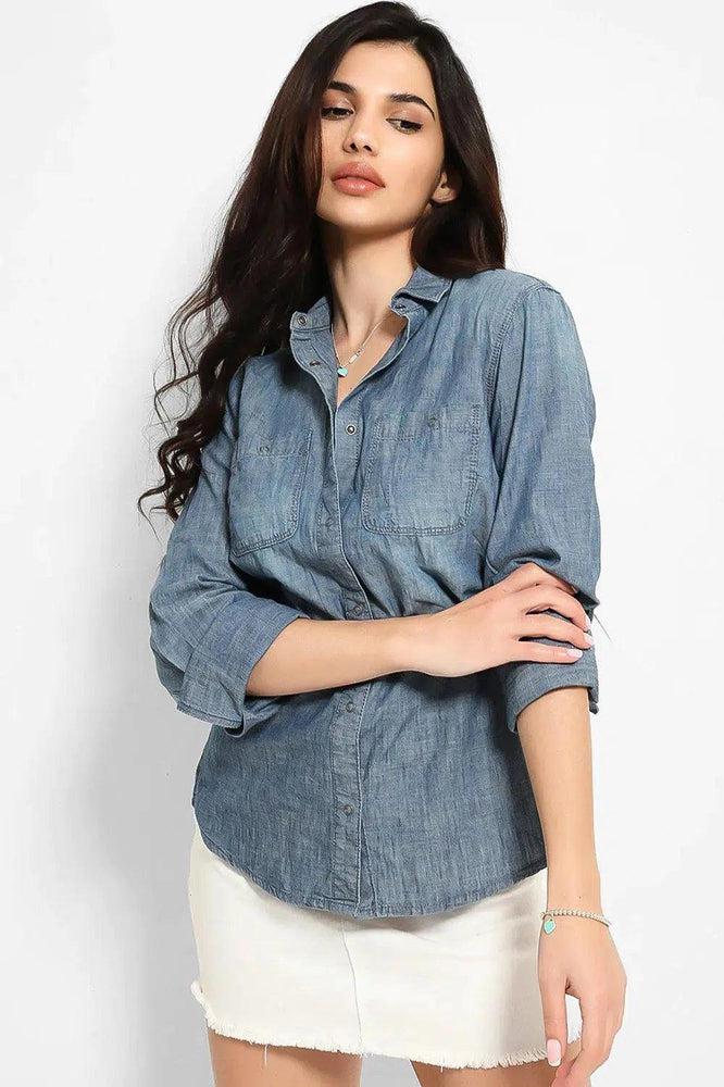 Blue Thin Denim Popper Button Shirt-SinglePrice