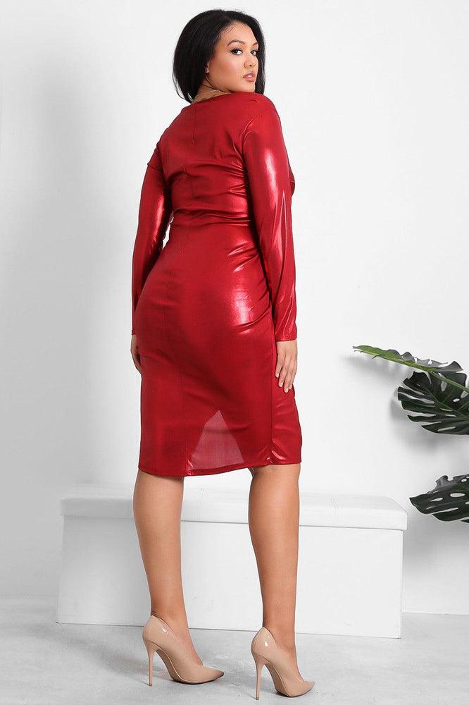 Red Metallic Shimmer Fixed Wrap Party Dress-SinglePrice