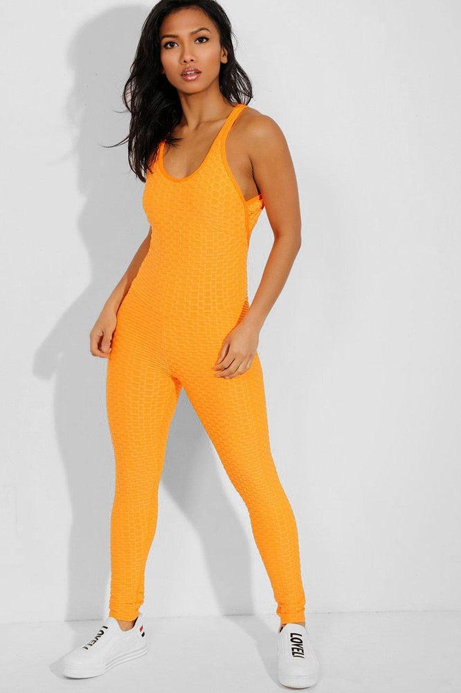 Neon Orange Ruched Crisscross Back Catsuit-SinglePrice
