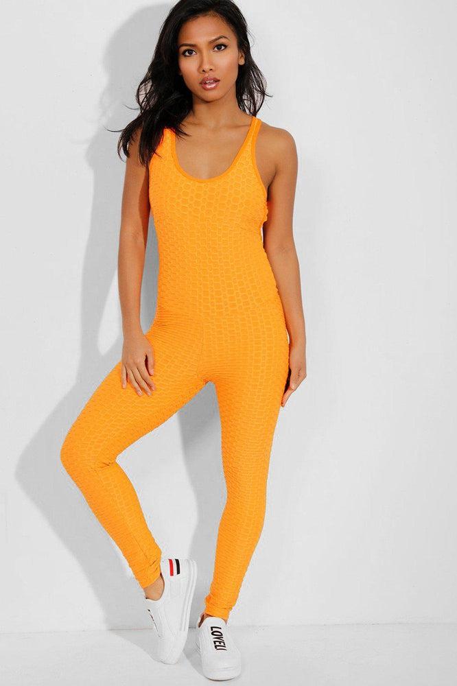 Neon Orange Ruched Crisscross Back Catsuit-SinglePrice