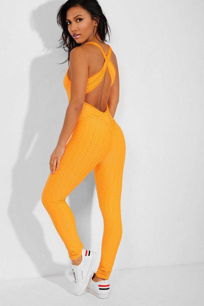 Neon Orange Ruched Crisscross Back Catsuit-SinglePrice