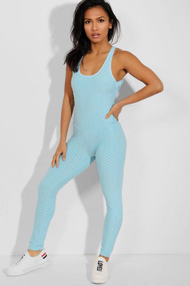 Blue Ruched Crisscross Back Catsuit-SinglePrice
