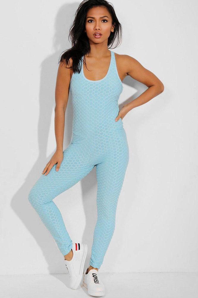 Blue Ruched Crisscross Back Catsuit-SinglePrice