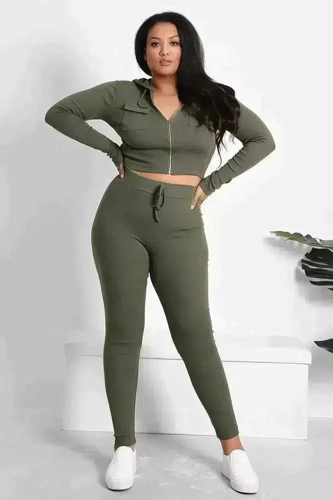 Zipped Cropped Hoodie Top And Leggings Set-SinglePrice