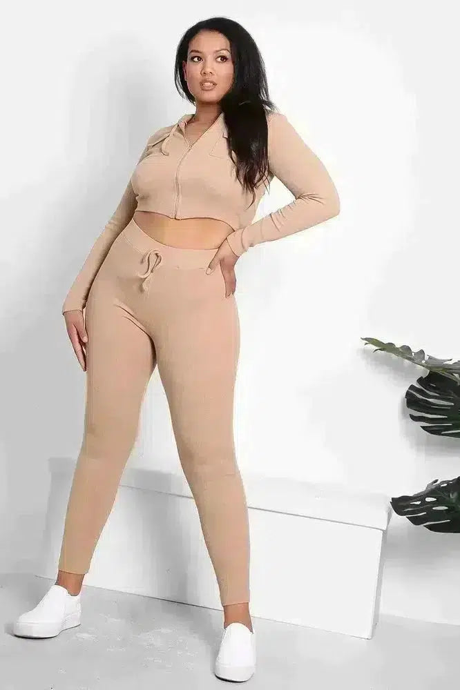 Zipped Cropped Hoodie Top And Leggings Set-SinglePrice