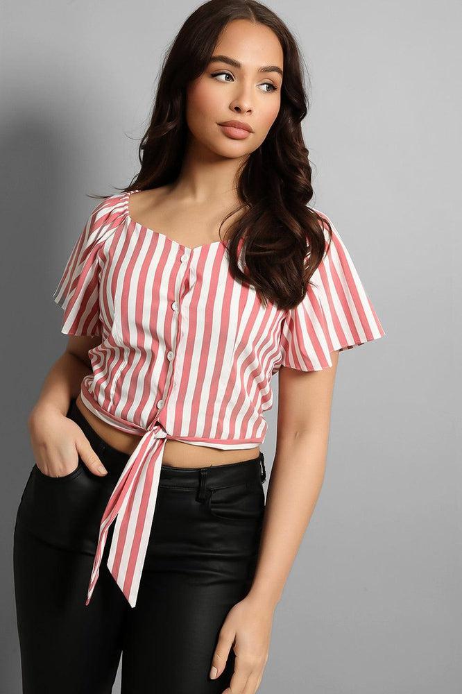 Buttoned & Tie Up Front Stripy Top-SinglePrice