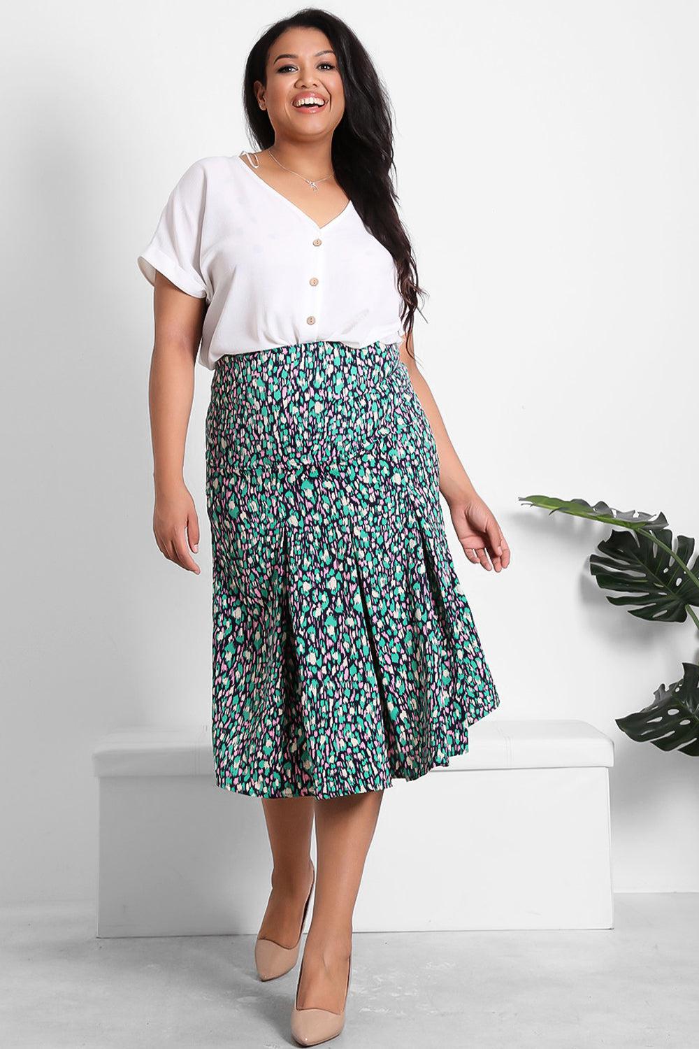 Green Pink Brush Strokes Print Satin Skirt-SinglePrice