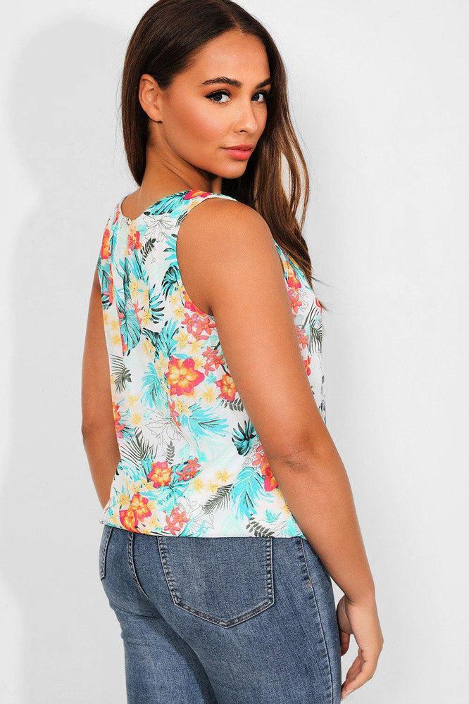 Tropical Print White Chiffon Sleeveless Top-SinglePrice