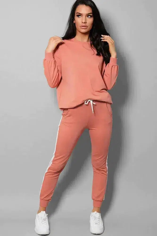 Peach Slogan Back Side Twin Stripe Detail 2 Piece Tracksuit-SinglePrice