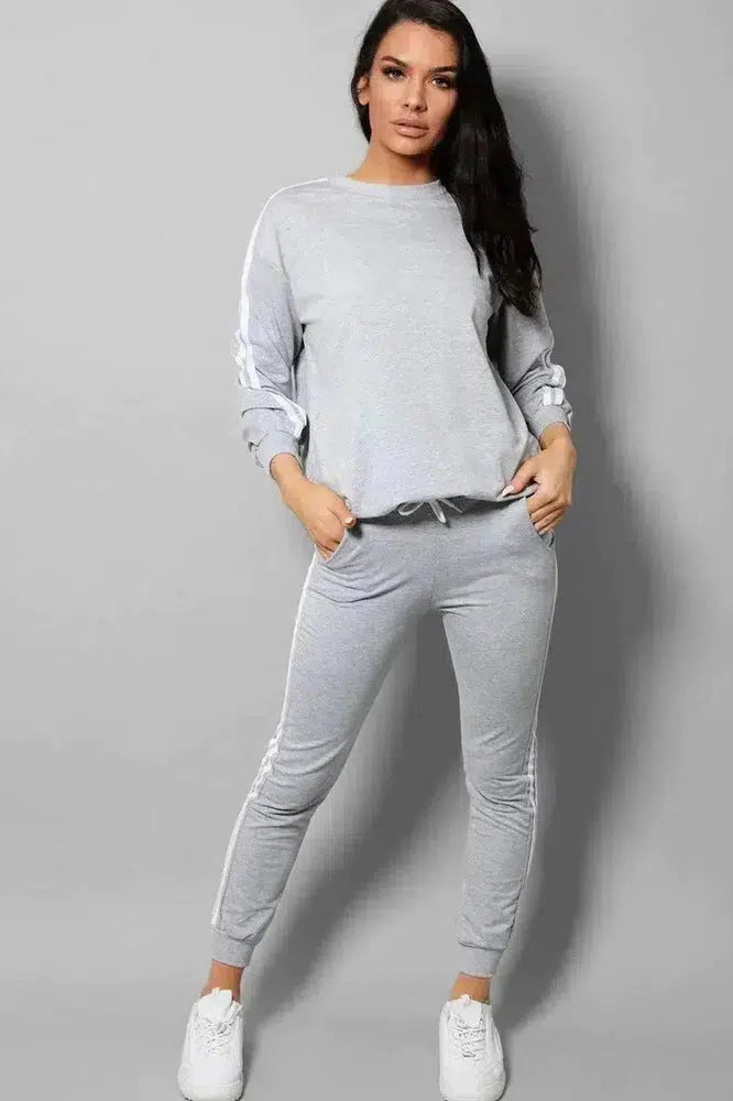 Grey Slogan Back Side Twin Stripe Detail 2 Piece Tracksuit-SinglePrice