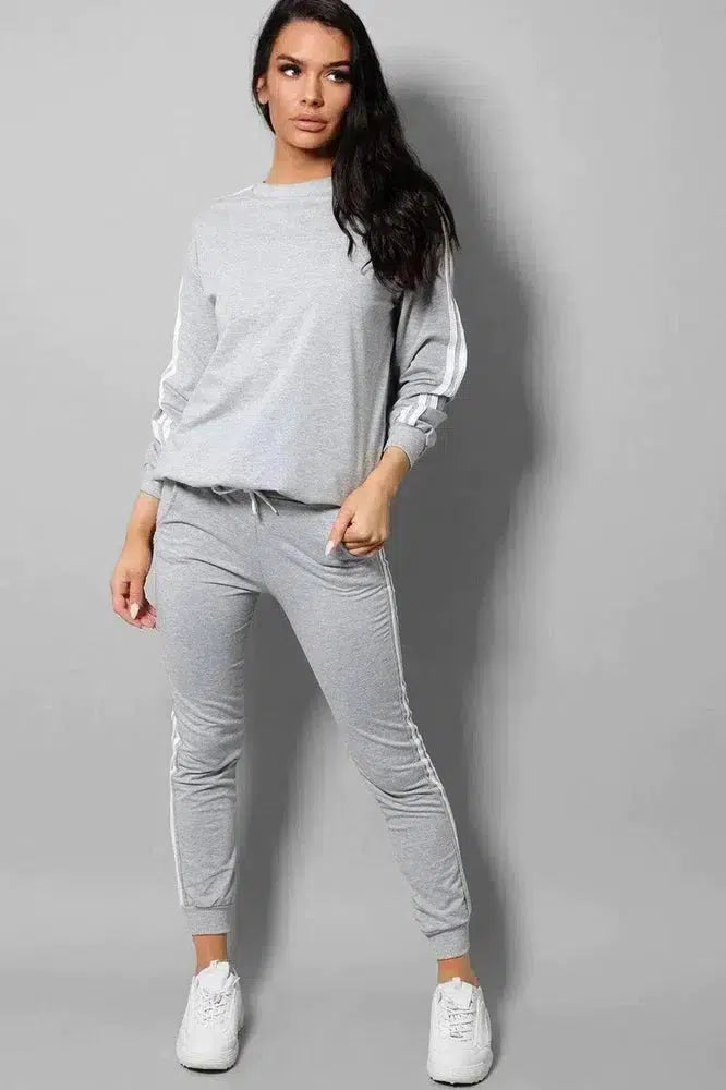 Grey Slogan Back Side Twin Stripe Detail 2 Piece Tracksuit-SinglePrice