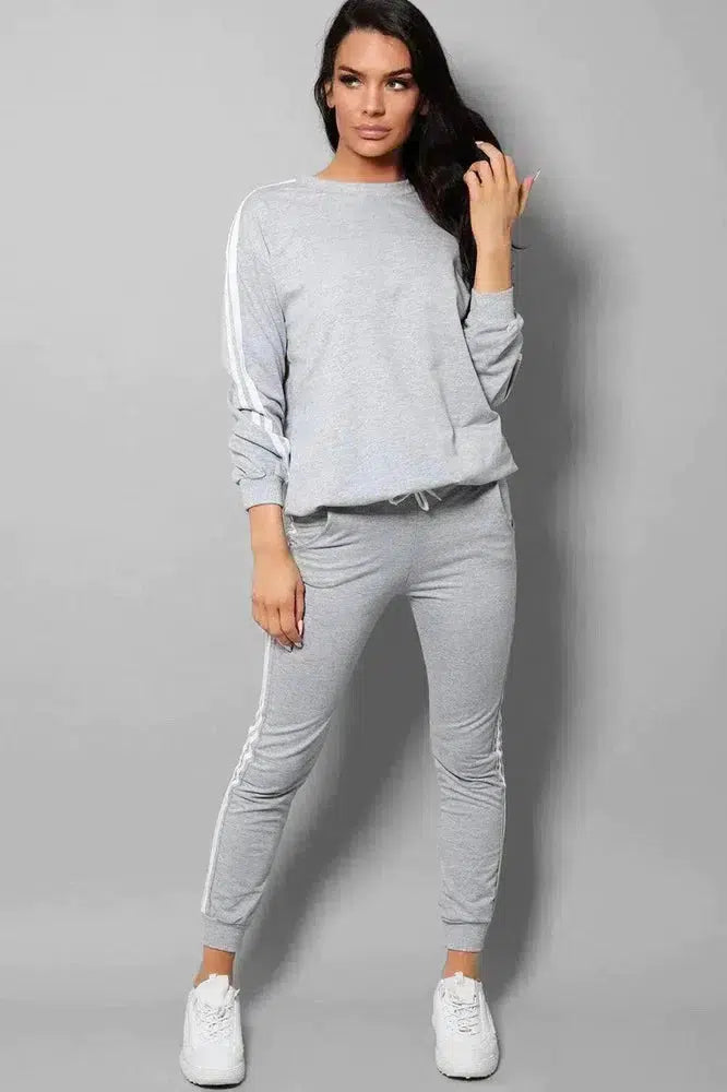 Grey Slogan Back Side Twin Stripe Detail 2 Piece Tracksuit-SinglePrice