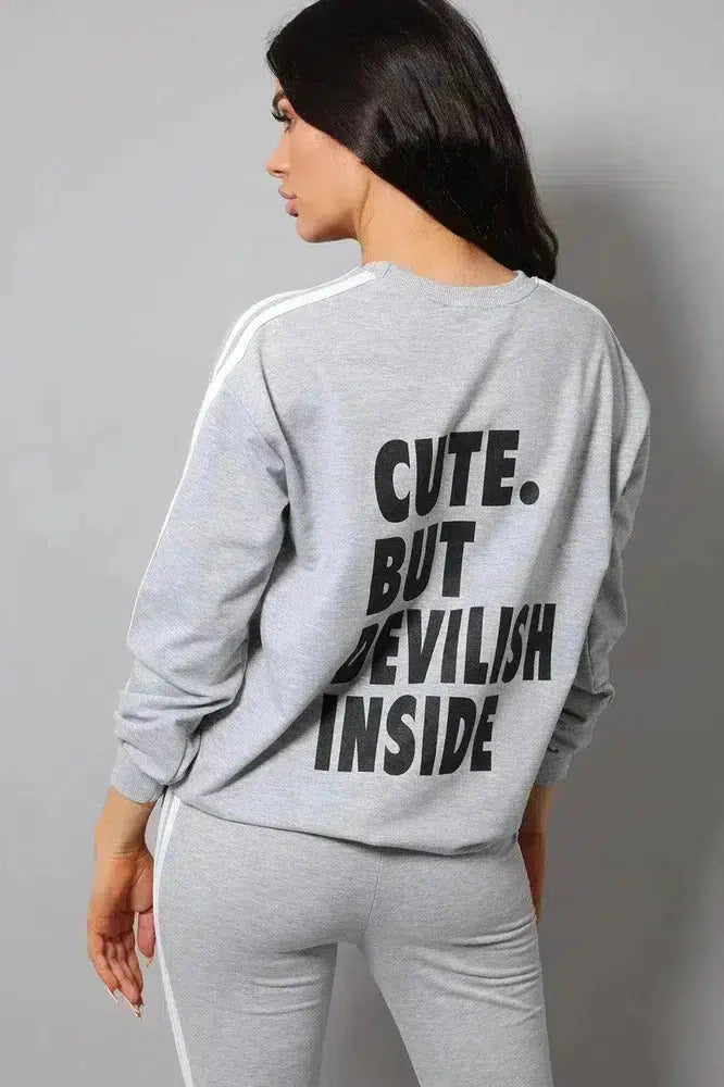 Grey Slogan Back Side Twin Stripe Detail 2 Piece Tracksuit-SinglePrice