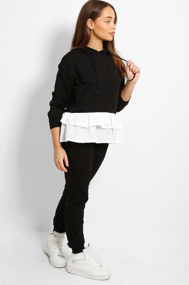 Black Shirt Frill Hem Hooded Tracksuit Loungewear-SinglePrice