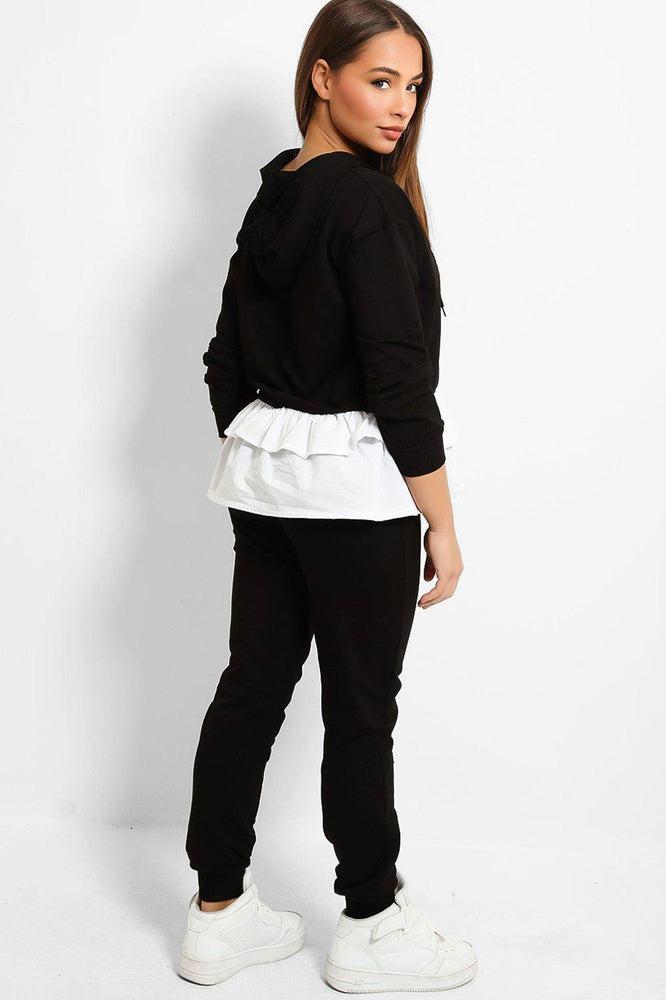 Black Shirt Frill Hem Hooded Tracksuit Loungewear-SinglePrice