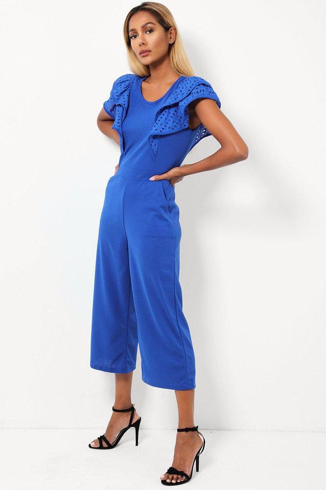 Blue Double Wing Sleeves Cropped Wide Leg Jumpsuit-SinglePrice