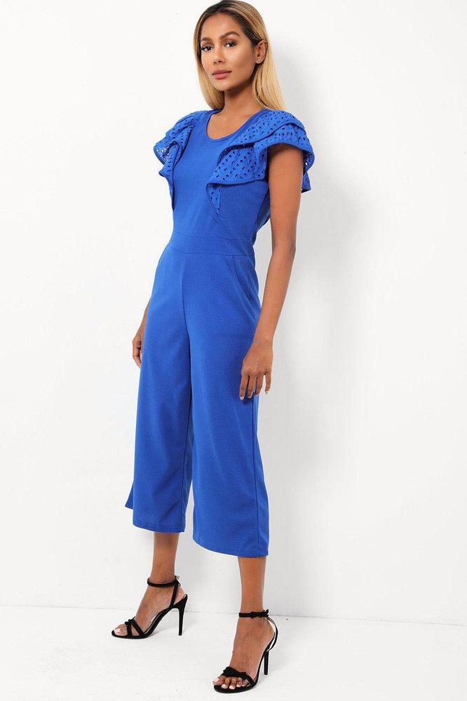 Blue Double Wing Sleeves Cropped Wide Leg Jumpsuit-SinglePrice