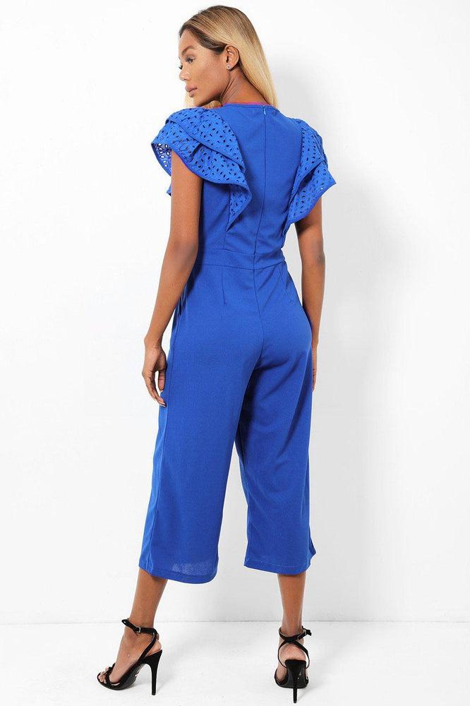Blue Double Wing Sleeves Cropped Wide Leg Jumpsuit-SinglePrice