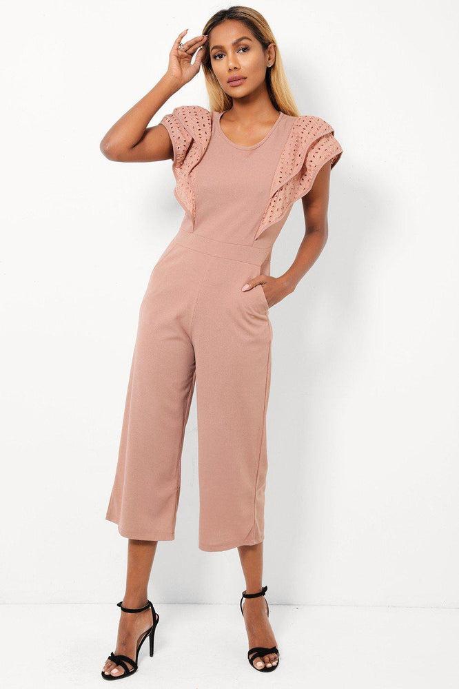 Dusty Pink Double Wing Sleeves Cropped Wide Leg Jumpsuit-SinglePrice