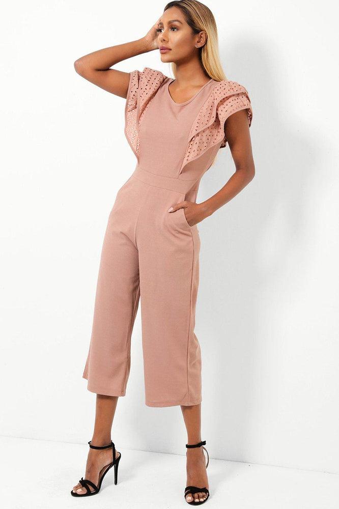 Dusty Pink Double Wing Sleeves Cropped Wide Leg Jumpsuit-SinglePrice