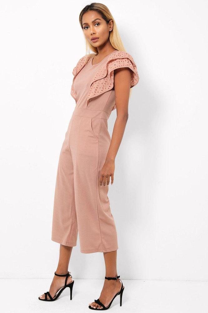 Dusty Pink Double Wing Sleeves Cropped Wide Leg Jumpsuit-SinglePrice