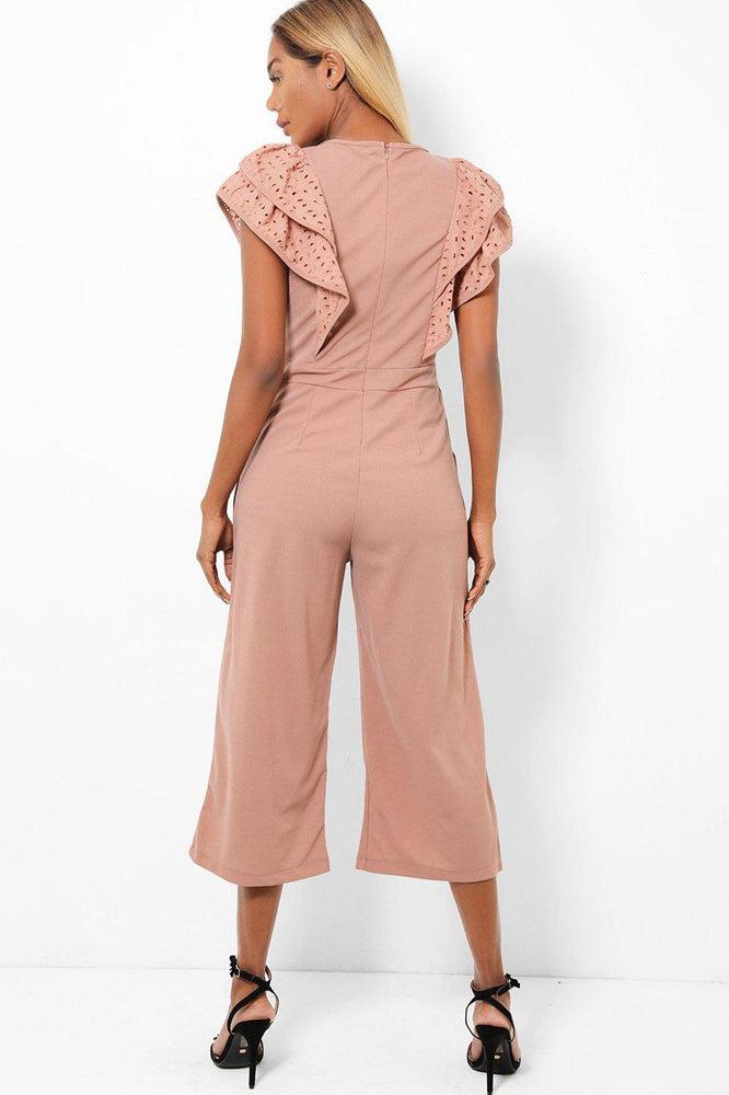 Dusty Pink Double Wing Sleeves Cropped Wide Leg Jumpsuit-SinglePrice
