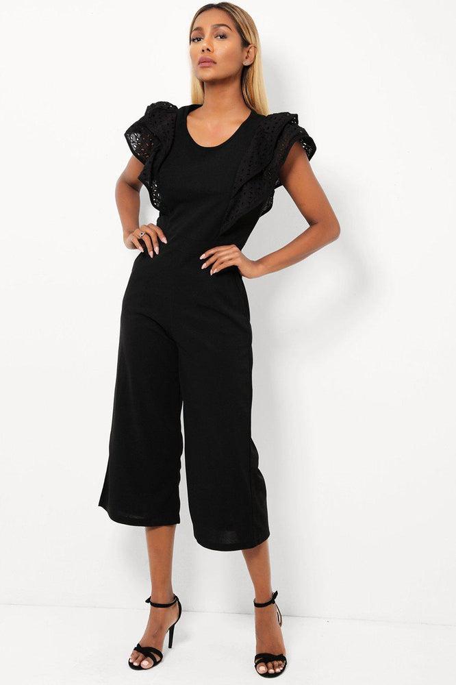 Black Double Wing Sleeves Cropped Wide Leg Jumpsuit-SinglePrice