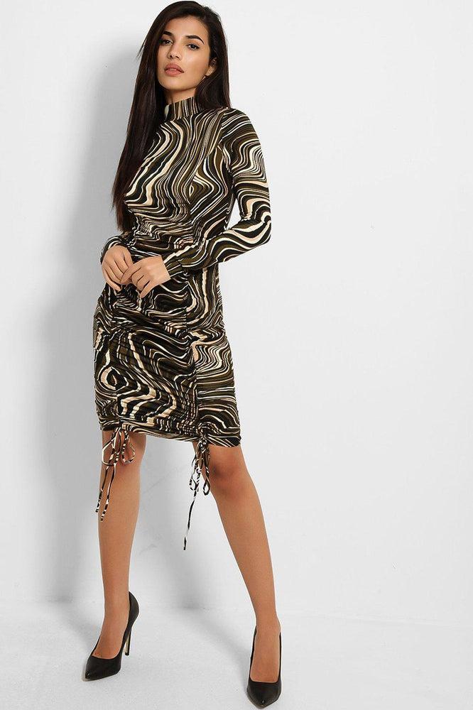 Marbling Print Drawstring Front Slinky Bodycon Dress-SinglePrice