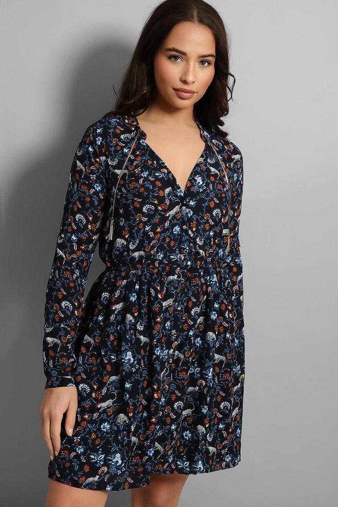 Navy Paisley Print Chain Detail Dress-SinglePrice