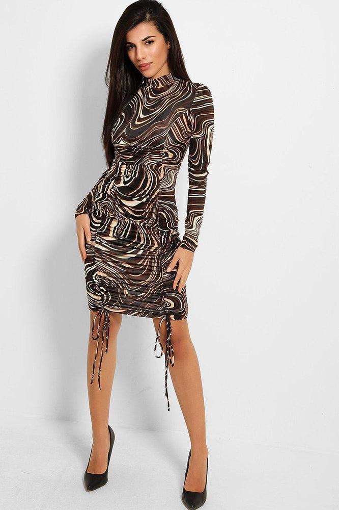 Marbling Print Drawstring Front Slinky Bodycon Dress-SinglePrice