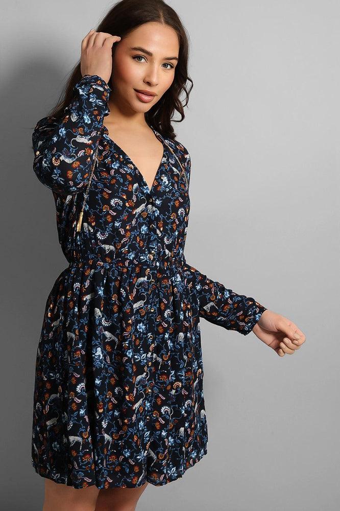 Navy Paisley Print Chain Detail Dress-SinglePrice