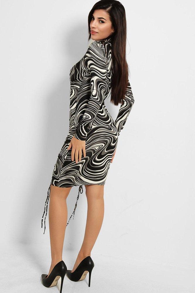Marbling Print Drawstring Front Slinky Bodycon Dress-SinglePrice