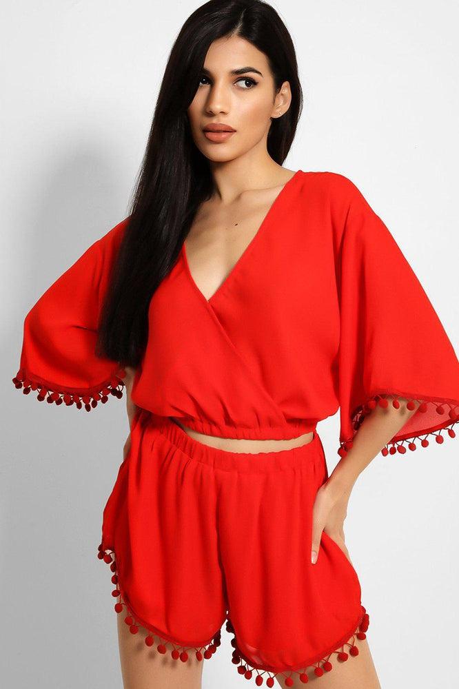 Red Pom-Pom Trims Batwing Top And Shorts Set-SinglePrice