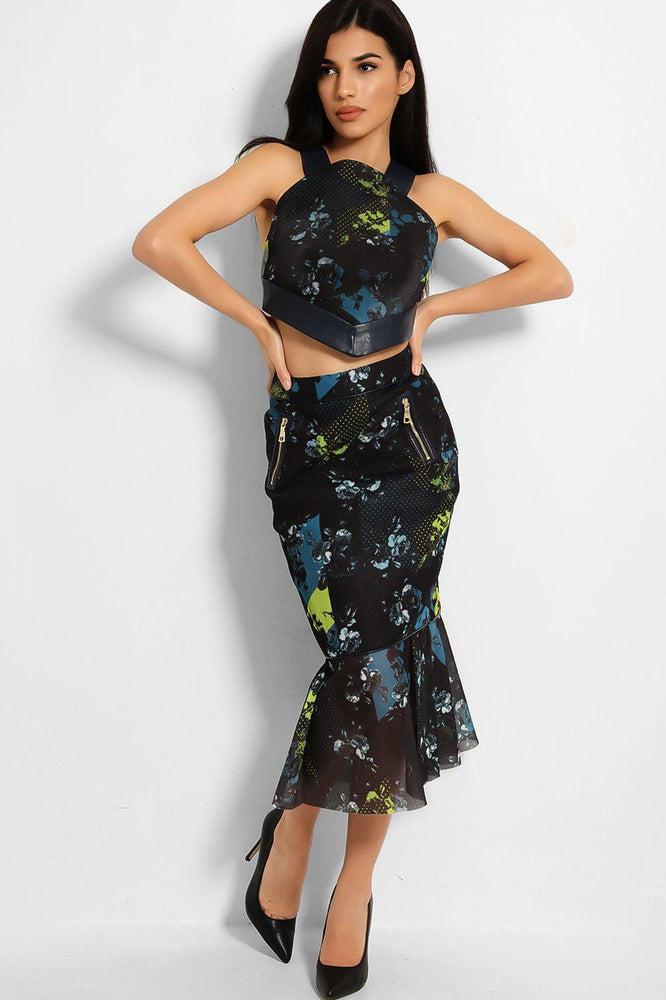 Navy Teal Dimple Floral Print Mesh Structured Top-SinglePrice