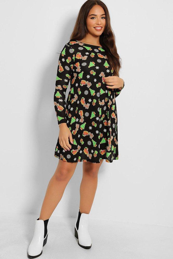 Black Christmas Tree And Presents Print Dress-SinglePrice