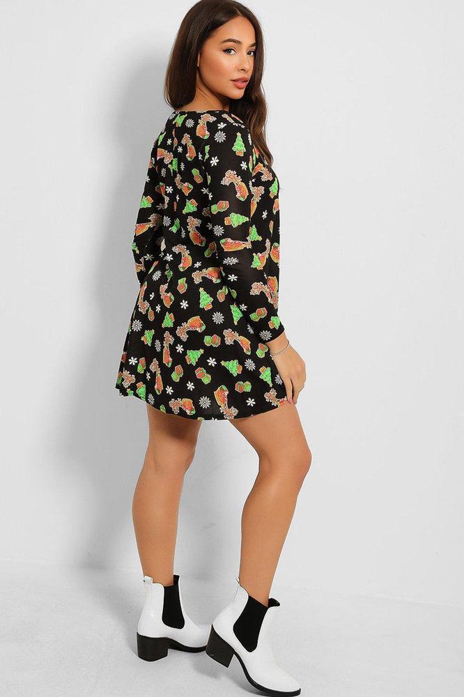 Black Christmas Tree And Presents Print Dress-SinglePrice
