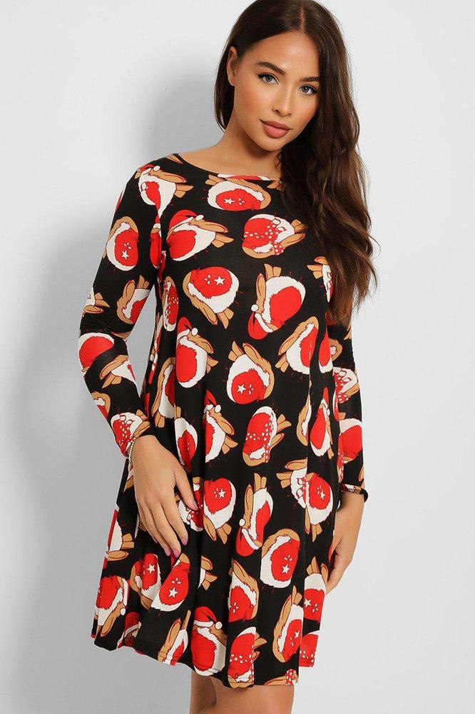 Black Red Robin Print Christmas Dress-SinglePrice