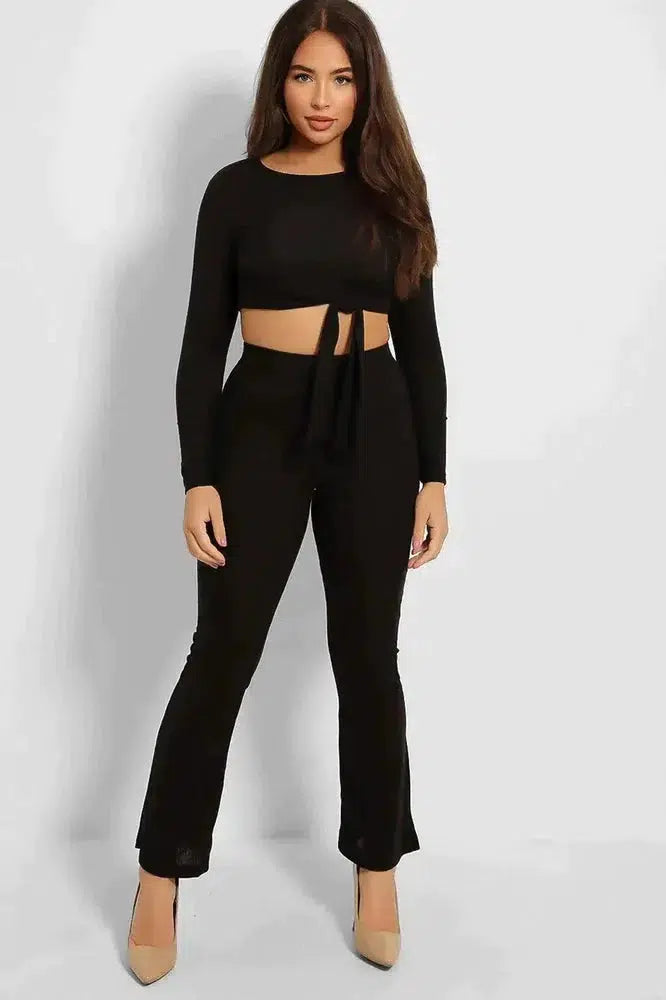 Ribbed Jersey Crop Tie Top And Trousers Set-SinglePrice