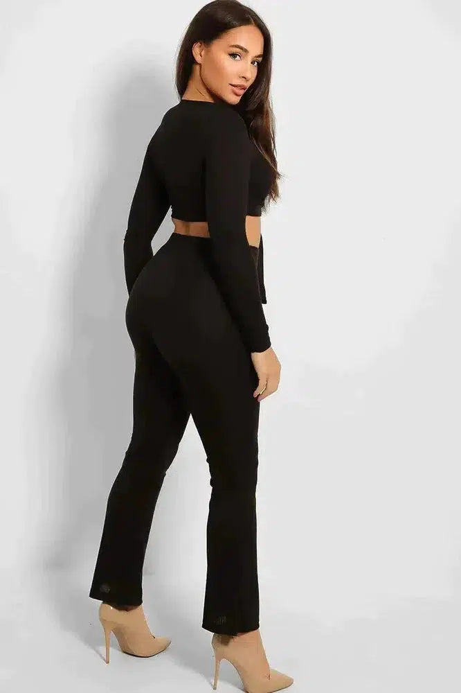 Ribbed Jersey Crop Tie Top And Trousers Set-SinglePrice