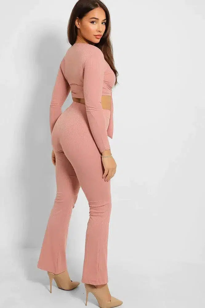 Ribbed Jersey Crop Tie Top And Trousers Set-SinglePrice