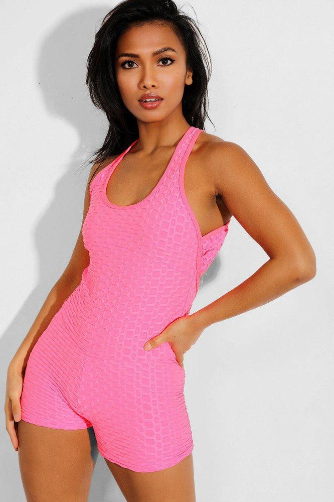 Neon Pink Ruched Crisscross Back Playsuit-SinglePrice