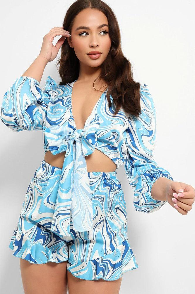 Marble Swirl Cropped Tie Up Shirt And Shorts Set-SinglePrice