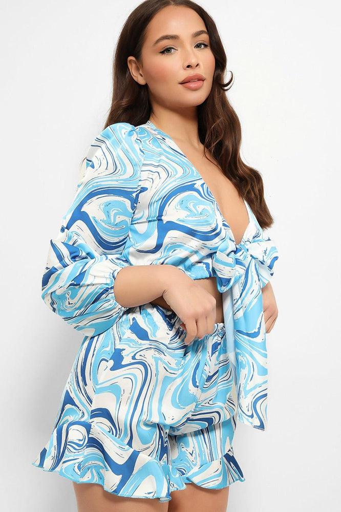 Marble Swirl Cropped Tie Up Shirt And Shorts Set-SinglePrice