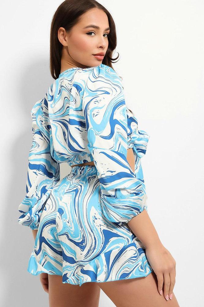 Marble Swirl Cropped Tie Up Shirt And Shorts Set-SinglePrice