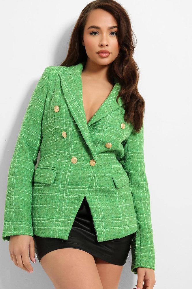 Gold Military Buttons Boucle Double Breasted Blazer-SinglePrice