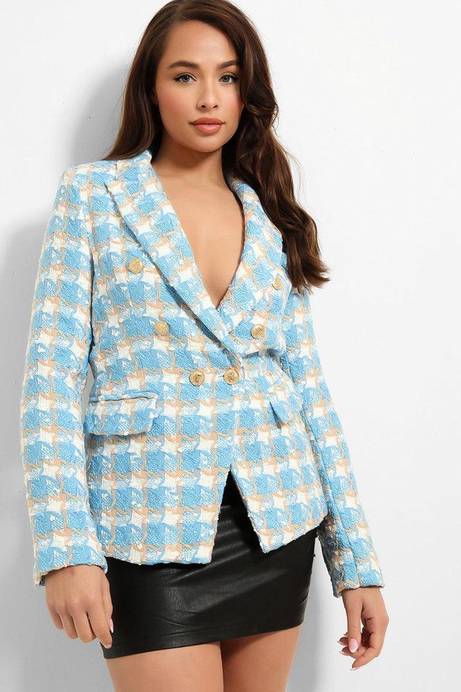 Plaid Boucle Military Buttons Blazer-SinglePrice