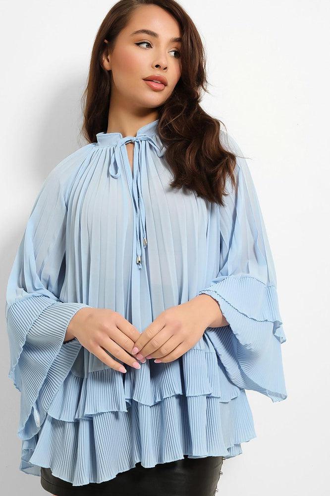 Neck Tie Pleated Chiffon Blouse-SinglePrice