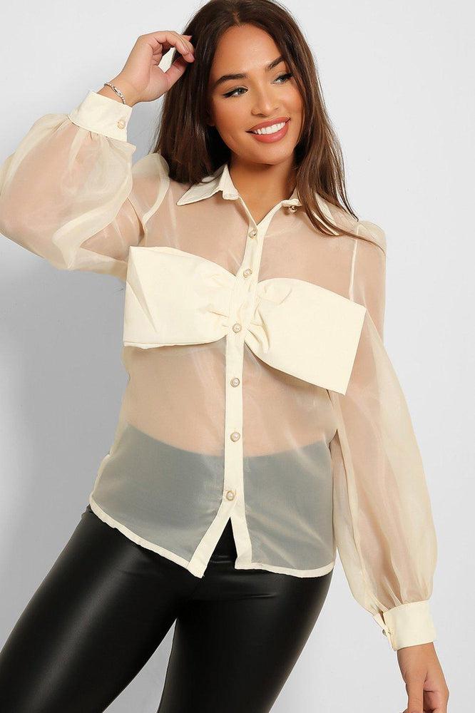 Pearl Buttons Bow Detail Sheer Organza Shirt-SinglePrice